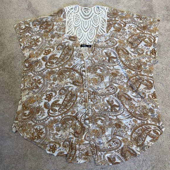 CURE. Woman's L Paisley Print Sheer Kimono Shrug with Crochet Detail Beige - Picture 6 of 8